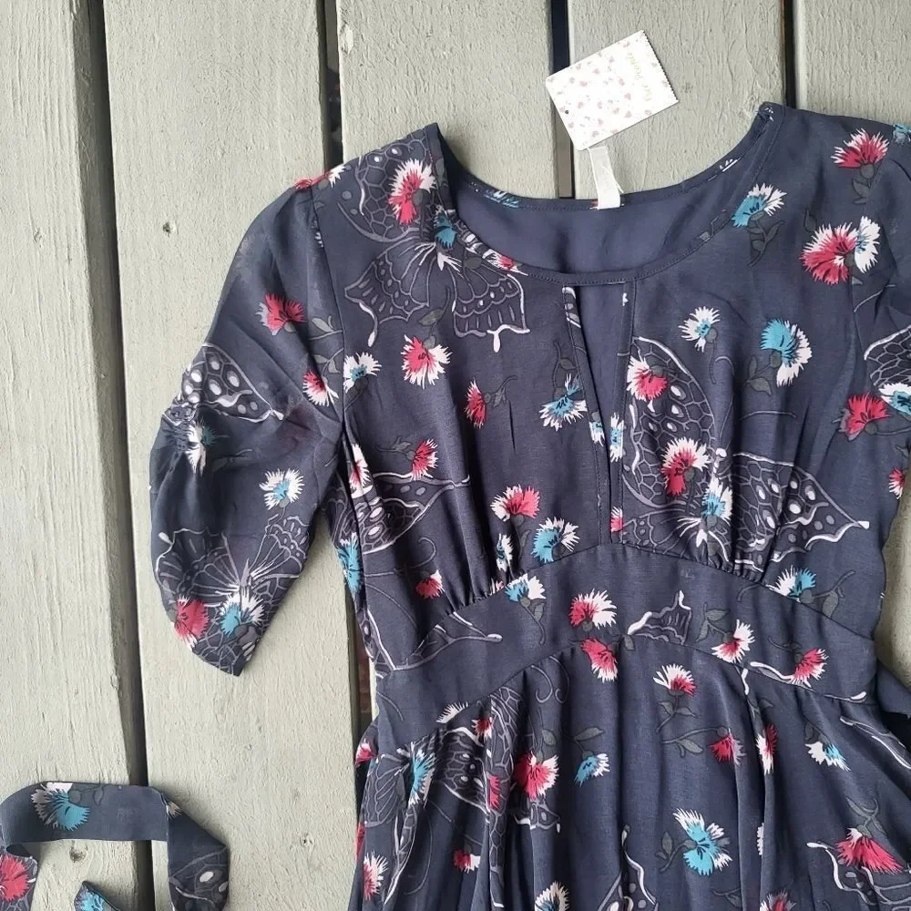 NWT Free People Blue Bonnie Butterfly Print Keyhole Chiffon Boho Midi Dress‎ 2